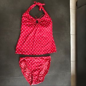 DKNY Tankini Red Polka Dots Bathing suit womens 10